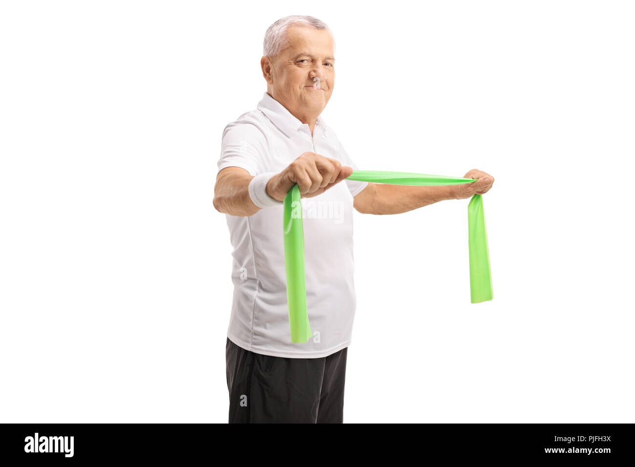 Reifer mann Training mit einem Gummiband auf weißem Hintergrund Stockfoto