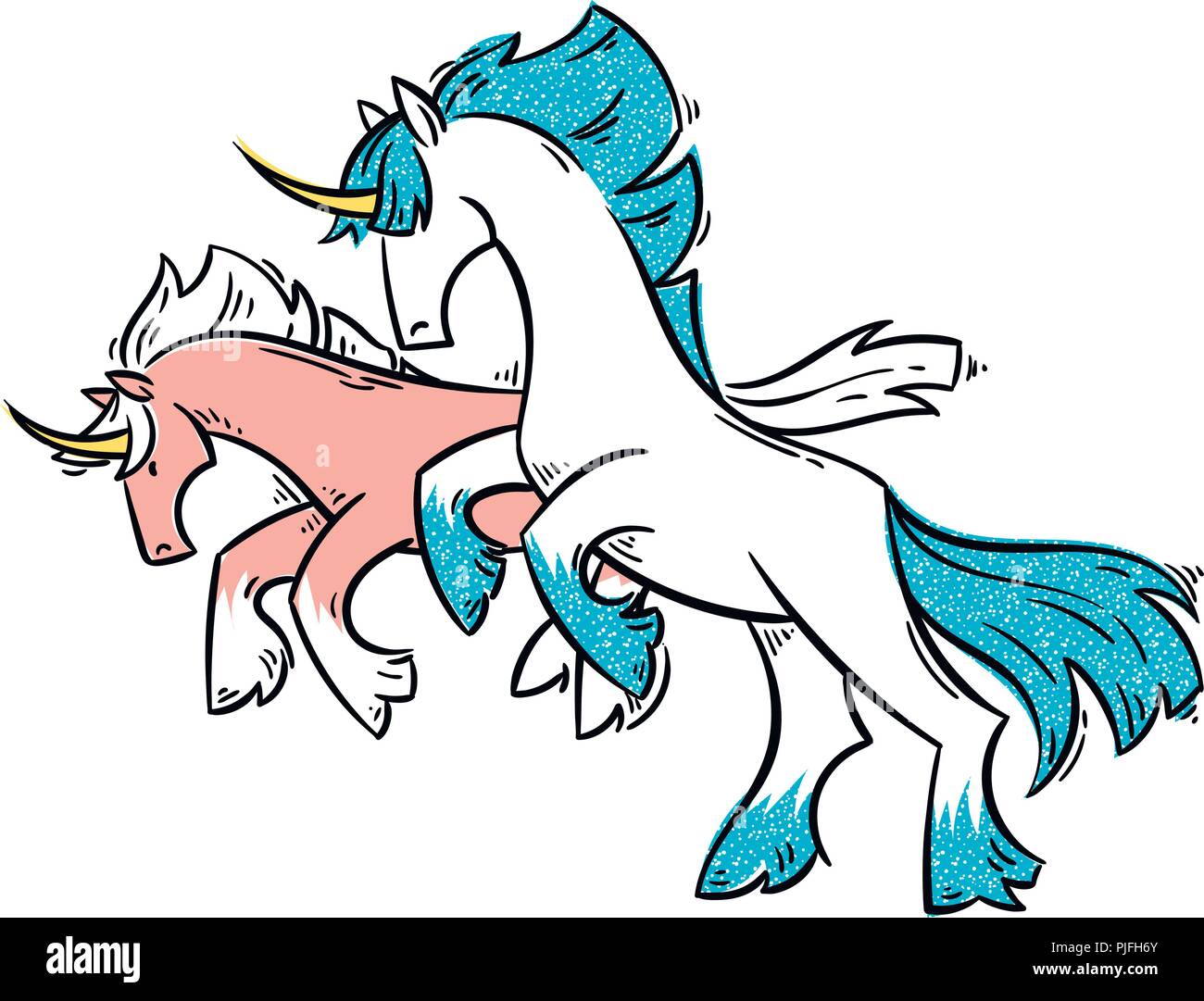 Abstrakte cartoon Einhörner stehen auf zwei Beinen und Galopp. Vector clip art Illustration für Drucke, Design, Malbücher und Seiten, Karten. Stock Vektor