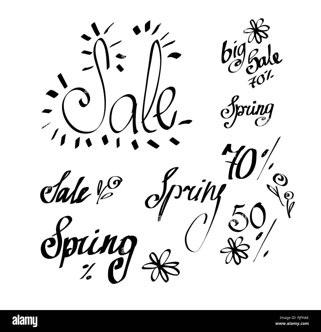 Handgezeichneten Schriftzug. Frühling Verkauf isoliert. Vector Illustration. Beschriftung design Hintergrund. Stockfoto