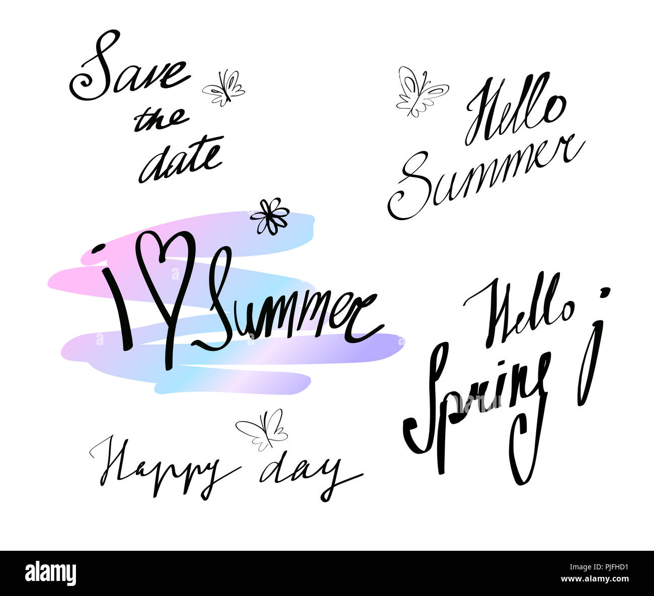 Hand gezeichnete Schrift gesetzt. Datum speichern, Hallo Sommer und Frühling, isoliert. Vector Illustration. Beschriftung design Hintergrund. Stockfoto