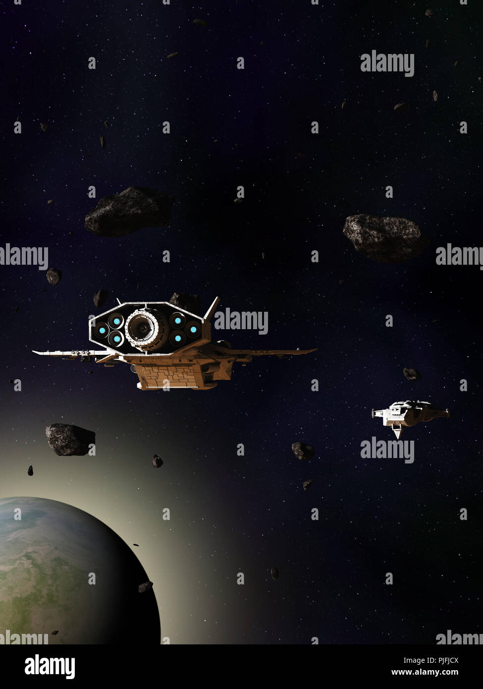 Raumschiffe durch einen Asteroiden Feld oben ein blauer Green Planet Reisen Stockfoto