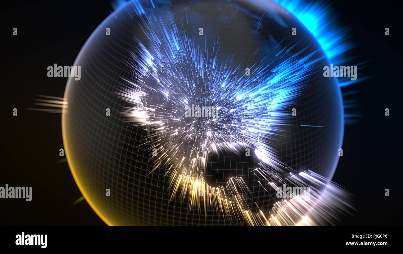 Dunkle Erde Globus mit glühenden Details und Lichtstrahlen von menschlichen Bevölkerung und Städte. Blick auf Amerika. Geeignet für Technologie, Zukunft und Wissenschaft. Stockfoto