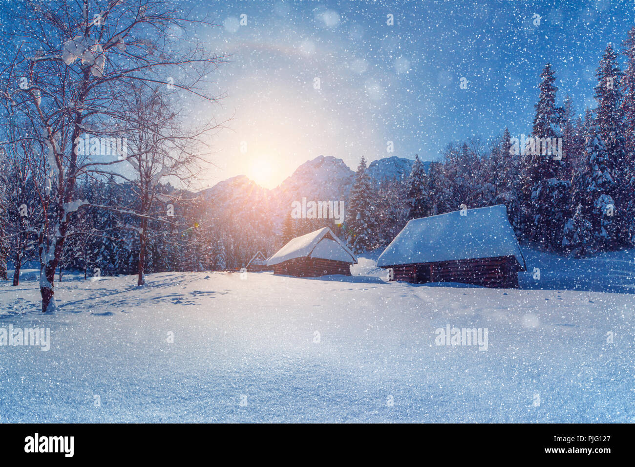 Winter Schneefall. Weihnachten Sonnenuntergang in den Bergen mit sonnigen Bokeh und Sonnenstrahlen. Weihnachten Hintergrund. Xmas Stimmung. Schöne Winterlandschaft. Stockfoto