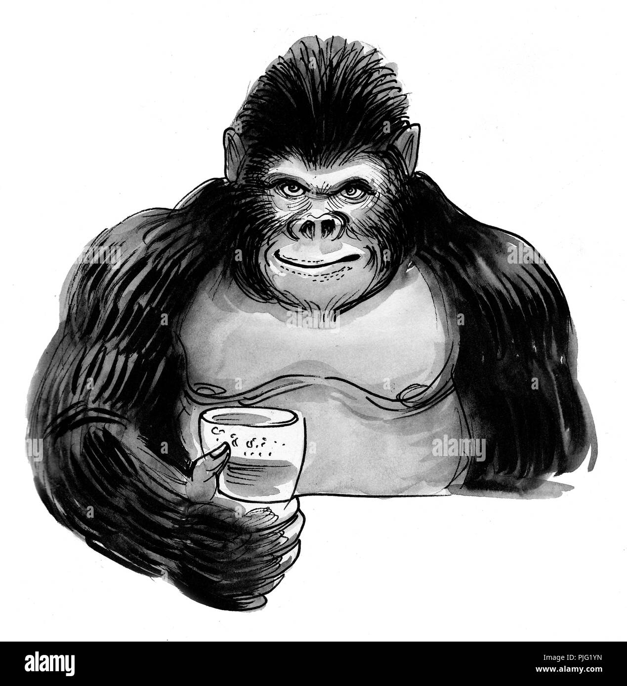 Große schwarze Gorilla mit einem Glas Bier. Tusche und Aquarell Abbildung Stockfoto