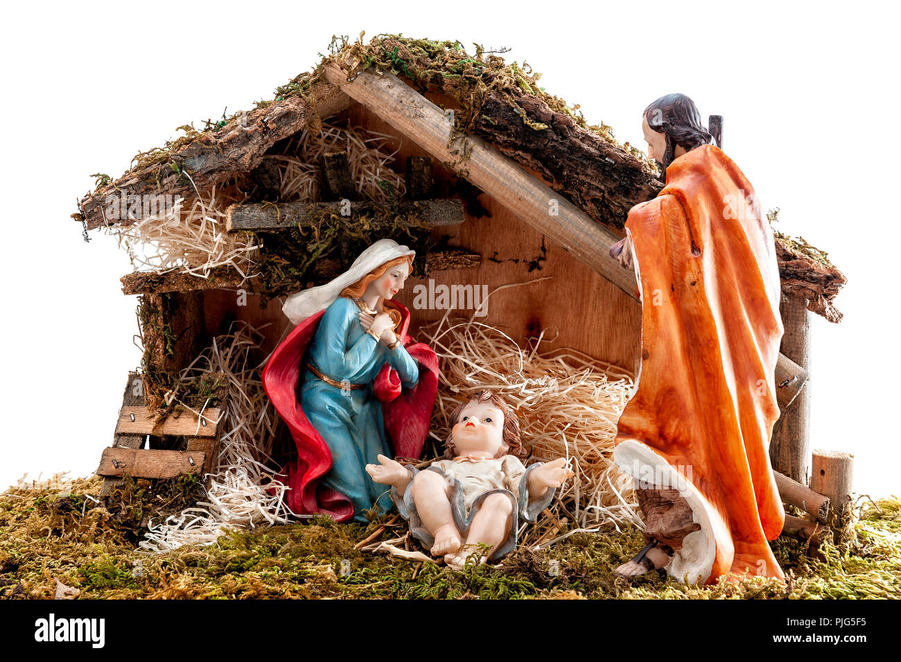 Weihnachten 2022 Auf Einer Hütte Weihnachten Krippe. Hütte mit dem Jesuskind in der Krippe mit Maria und