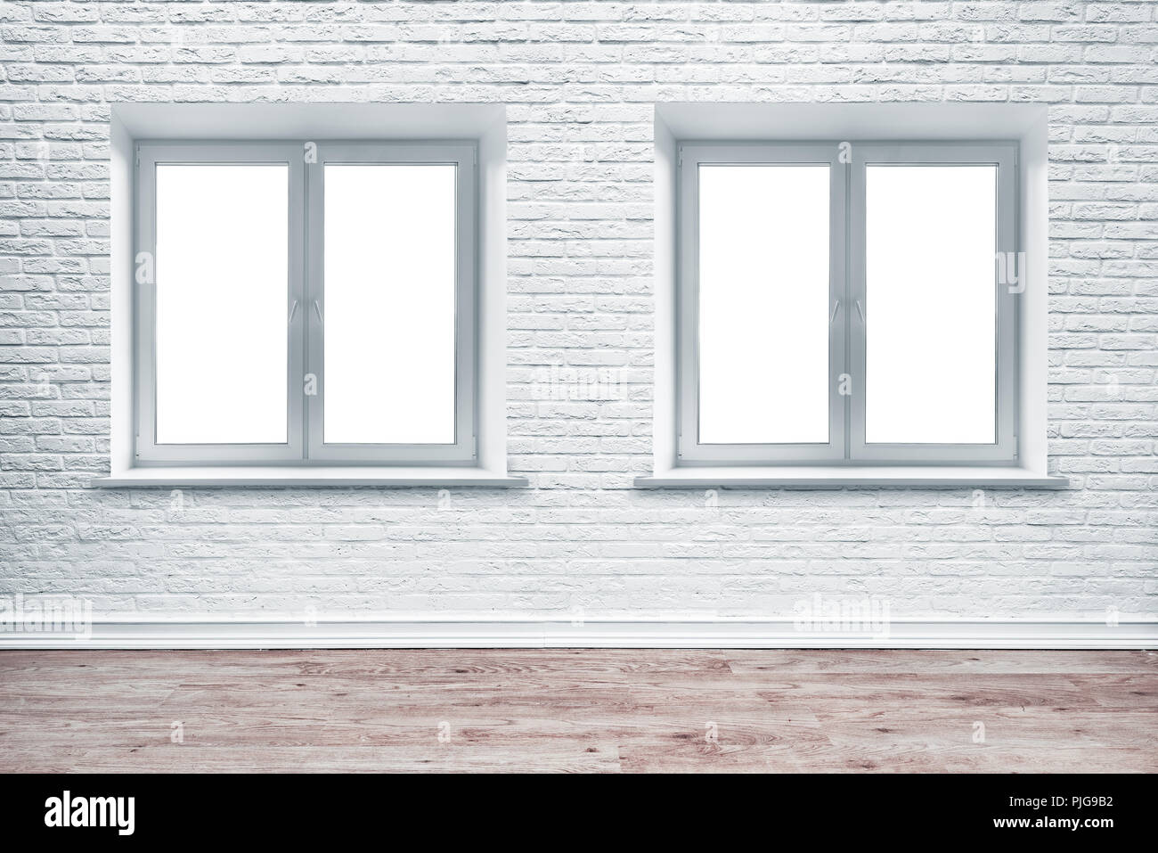 Weiße Mauer und plank Holzboden. Stockfoto