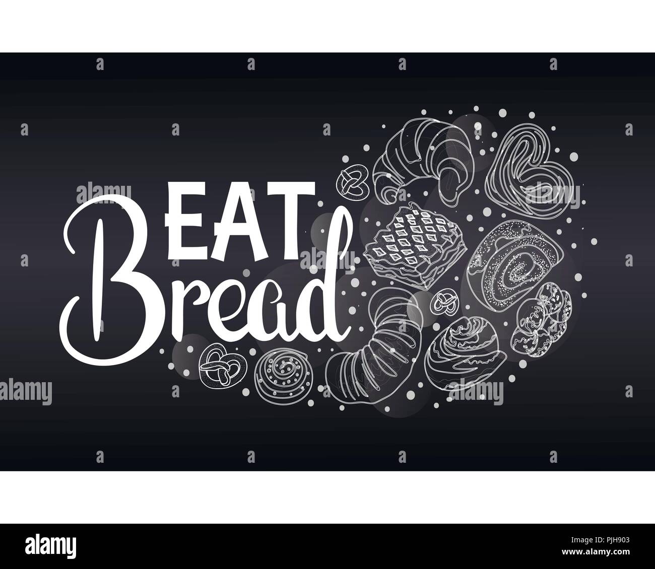 Dekor für einen Shop oder Café mit Gebäck, Brot, backen. Bäckerei, Brot, Haus, handschriftliche Illustration mit Schriftzug. Schild, Vektor Stock Vektor