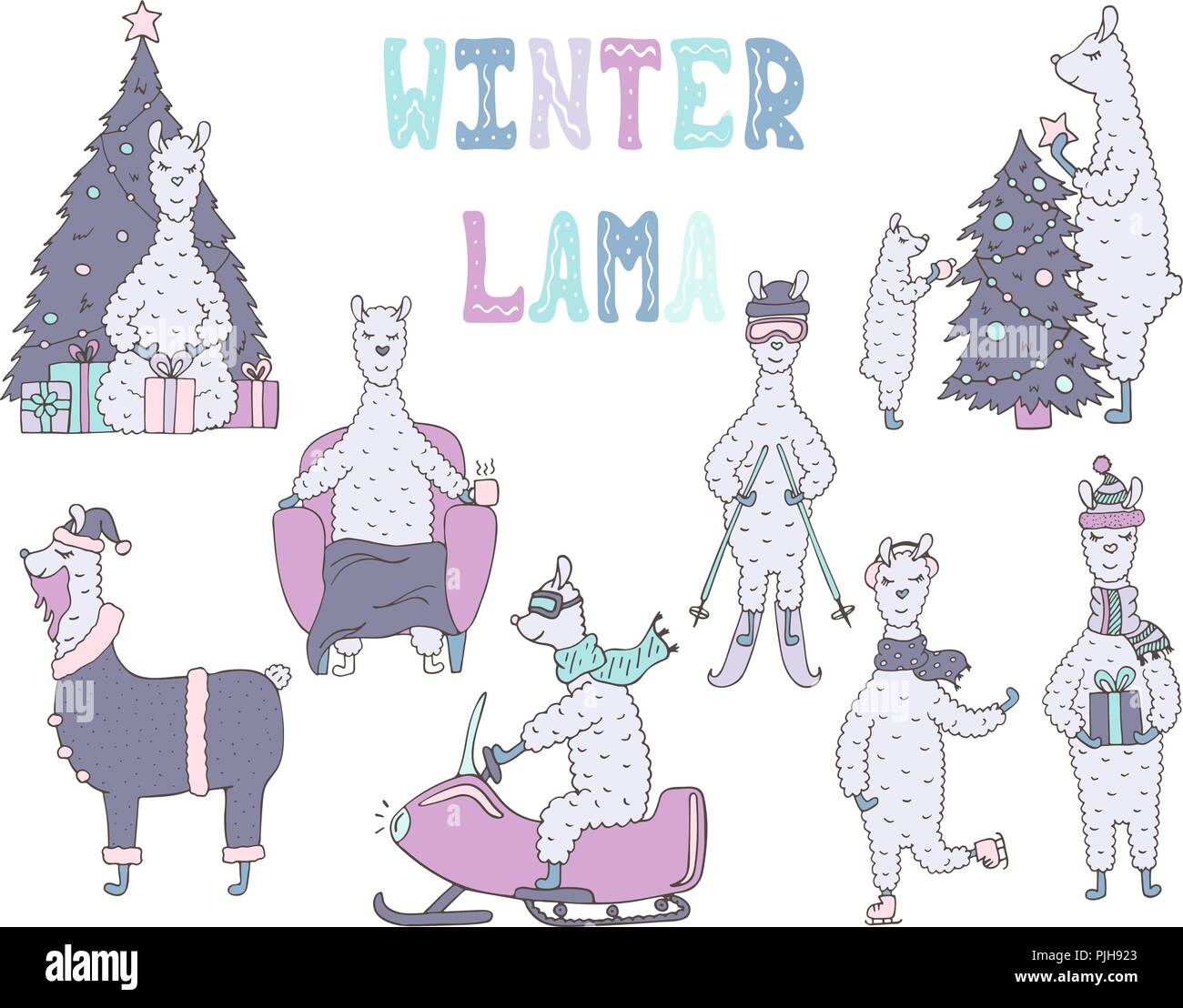 Von Hand gezeichnet von niedlichen bunten Winter Lamas. Stock Vektor