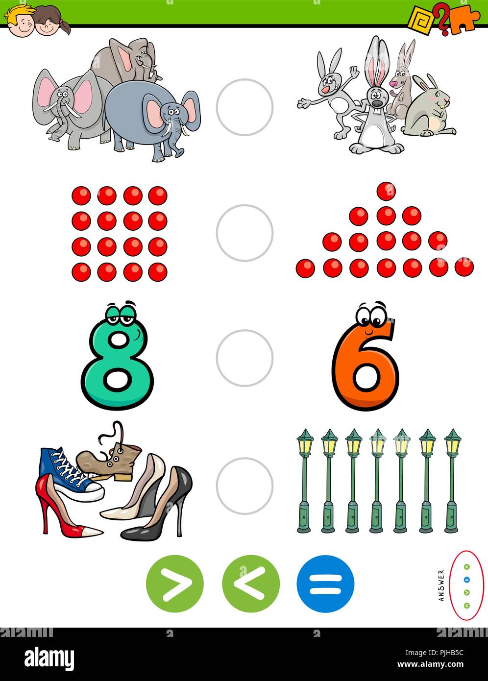 Cartoon Illustration der Pädagogischen mathematischen Puzzle Spiel von mehr als, weniger als oder Gleich für Kinder Stock Vektor