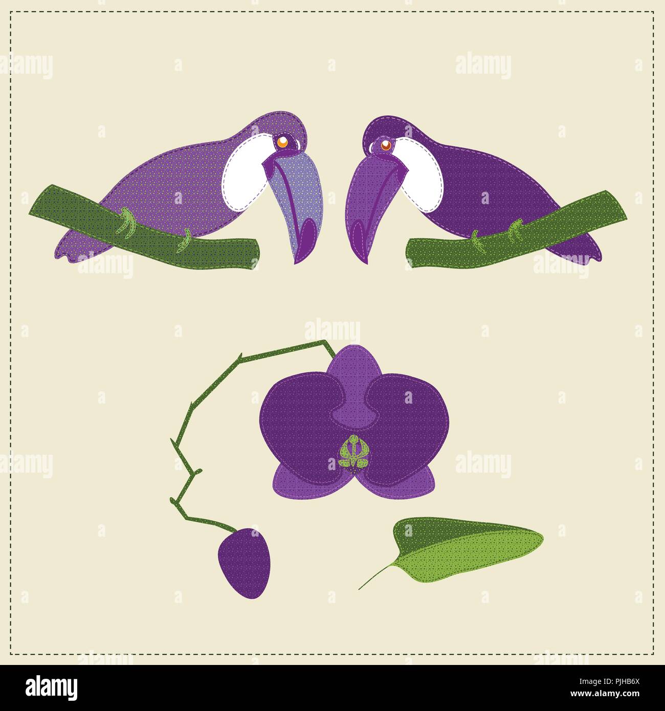 Anwendung von zwei genäht rosa Tukane auf Rosa nähten Orchidee mit einer Knospe. Vögel und Phalaenopsis aussehen wie genähte Textil. Für invit Stock Vektor