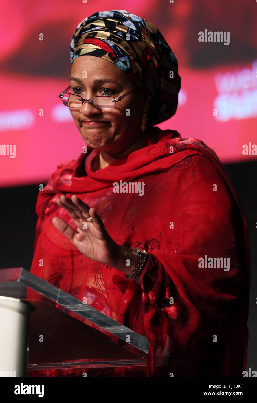 Amina Mohammed, stellvertretender Generalsekretär der Vereinten Nationen, in einer Rede auf einer Konferenz in Dublin weltweit betreffen. Stockfoto