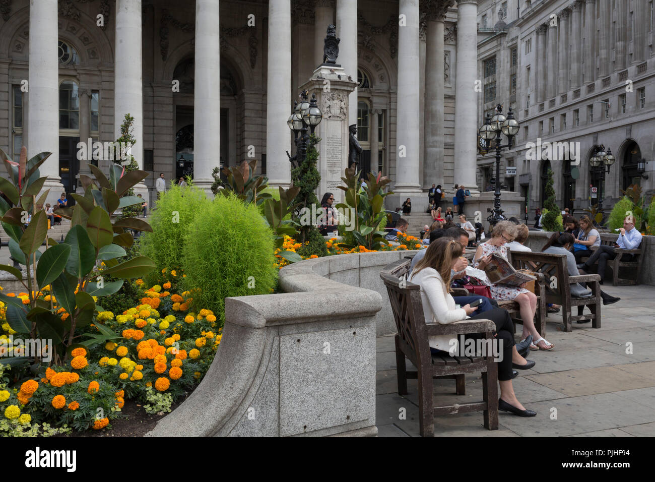 Gelb und Orange Tagetes in voller Blüte außerhalb der Royal Exchange bei der Bank Dreieck in der Londoner City - der Capital District, am 3. September 2018 in London, England. An der Spitze der Dorischen und ionischen Säulen mit kunstvollen Steinmetzarbeiten, kraftvoll starke Fensterstürze Kreuz, mit der Last der bildenden Kunst und Schnitzereien, welche Funktion das Design von Sir William Tite in 1842-1844 und 1844 geöffnet von Königin Victoria, dessen Name in lateinischen (VICTORIAE R) geschrieben wird. Es ist das dritte Gebäude des Art errichtet auf der gleichen Seite. Der erste Austausch errichtet 1564-70 von Sir Thomas Gresham, aber Stockfoto