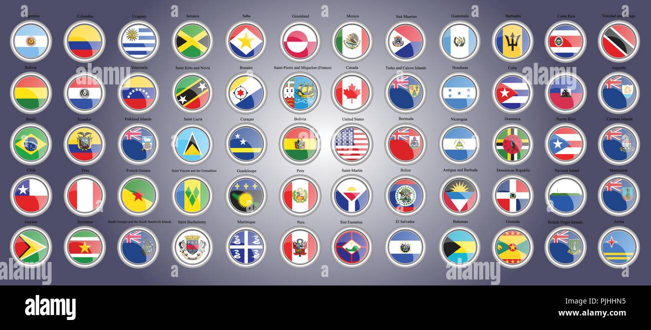 Reihe von Icons. Flaggen von Nord-, Süd- und Mittelamerika. 3D-Darstellung. Vektor. Stock Vektor