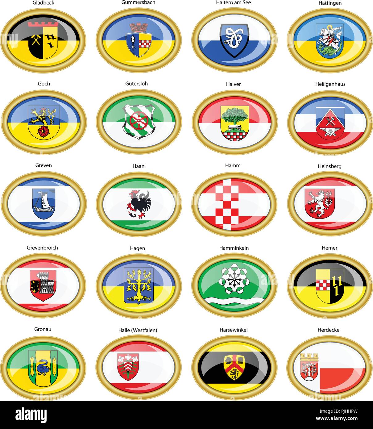 Reihe von Icons. Flaggen der deutschen Städten (Nordrhein-Westfalen). Vektor. 3D. Stock Vektor