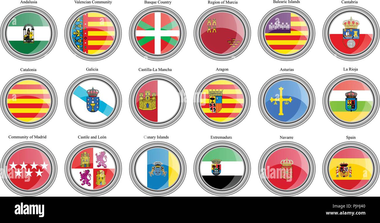 Reihe von Icons. Die autonomen Gemeinschaften Spaniens Flaggen. Vektor. Stock Vektor
