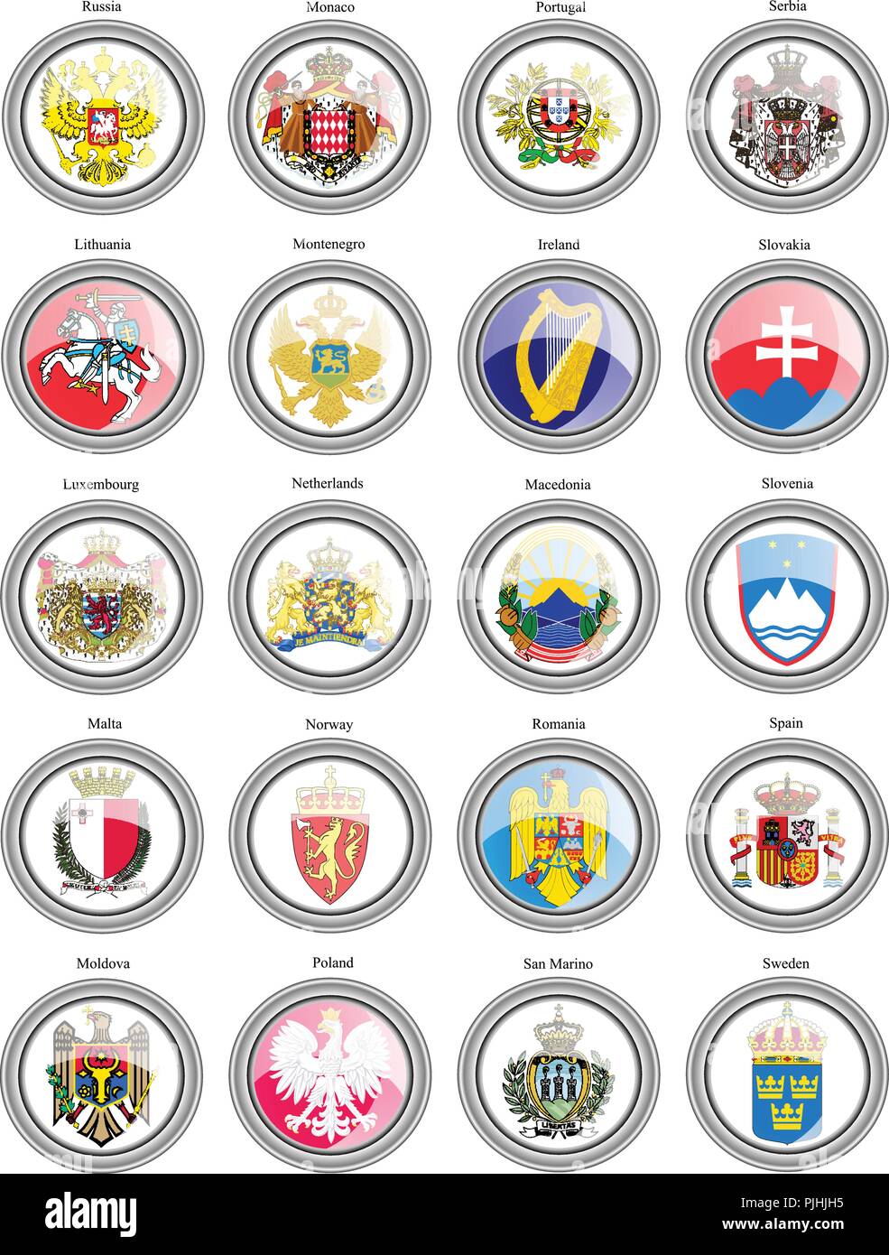 Reihe von Icons. Wappen der Europäischen Länder. Stock Vektor