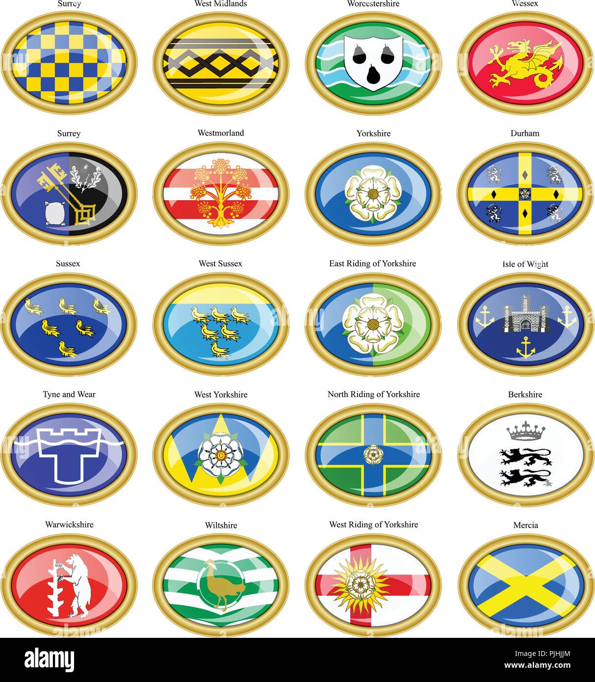 Reihe von Icons. In den Grafschaften von England Fahnen. 3D. Stock Vektor