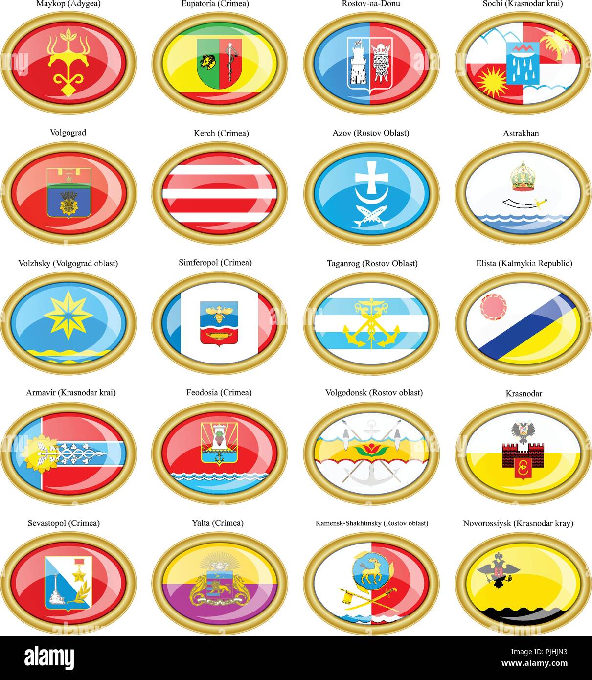 Reihe von Icons. Flaggen der russischen Städte (Südrussland). Stock Vektor