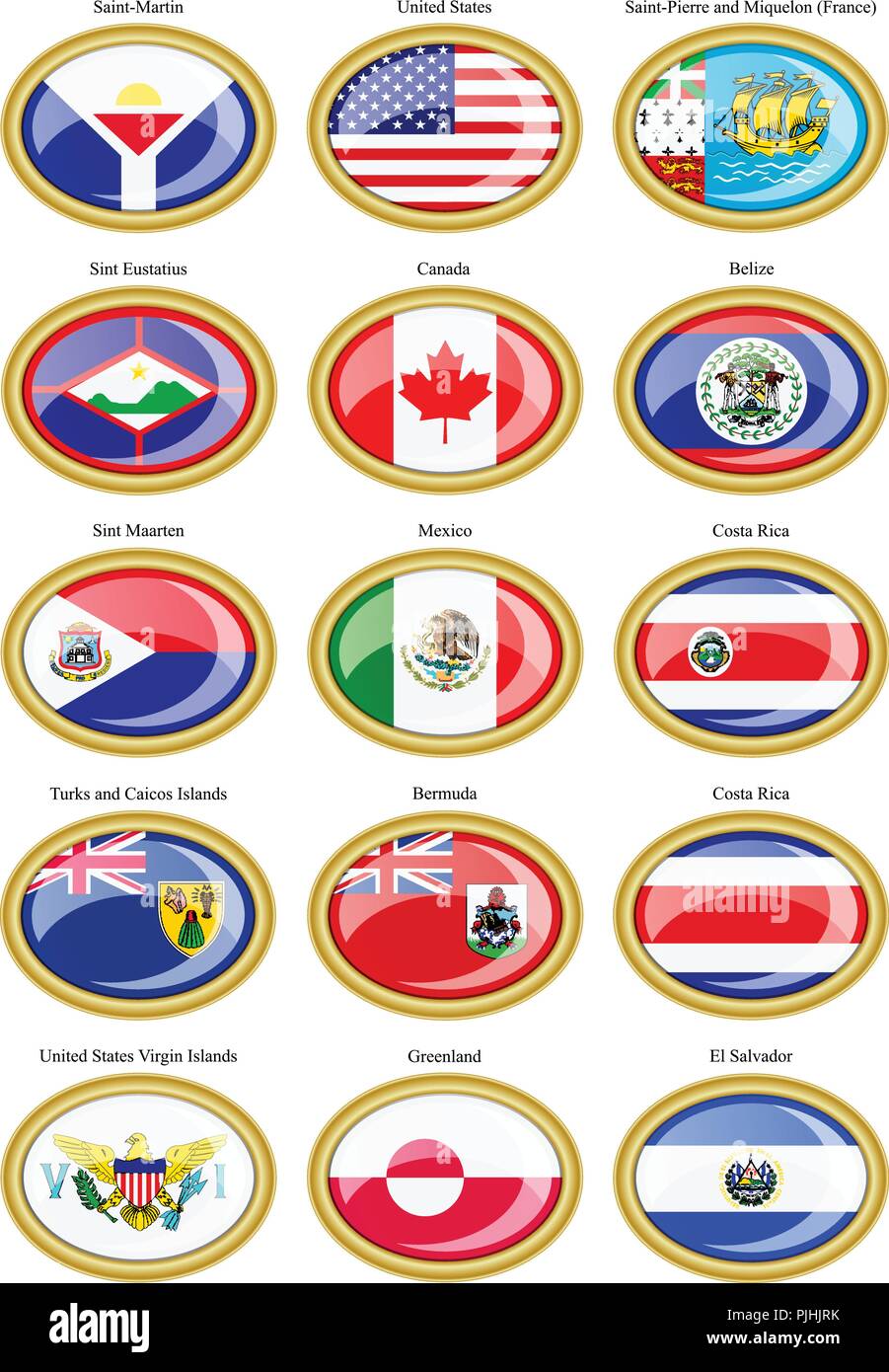 Reihe von Icons. Nord- und Mittelamerika der Fahnen. Stock Vektor