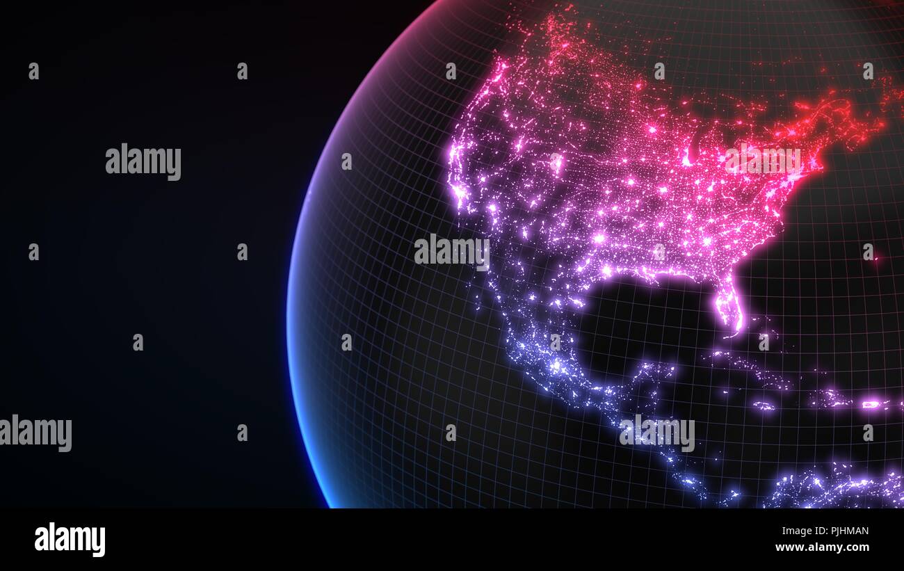 Dunkle Erde Globus mit glühenden Details der Stadt und der Bevölkerungsdichte. 3D-Darstellung Stockfoto