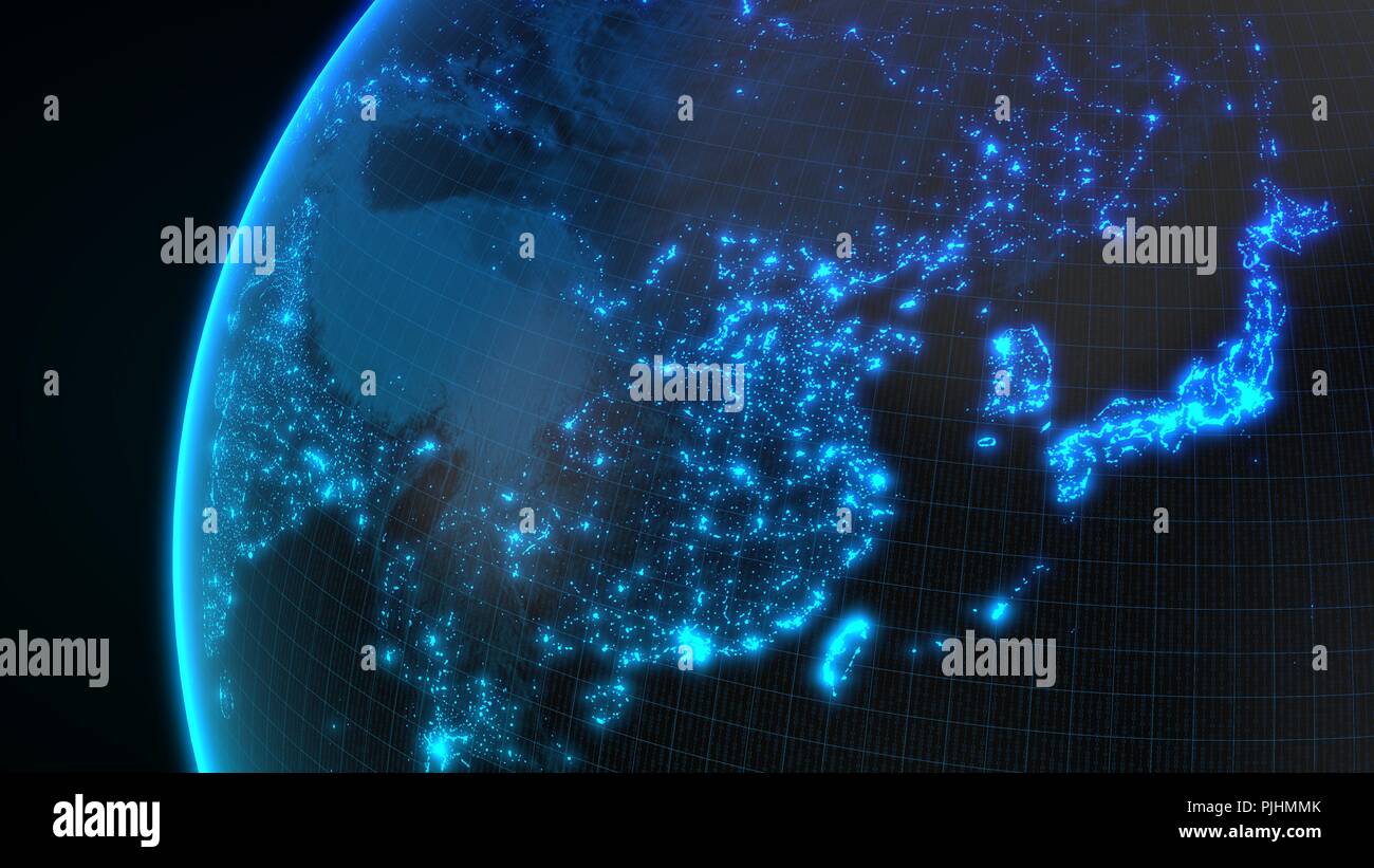 Dunkle Erde Globus mit glühenden Details der Stadt und der Bevölkerungsdichte. 3D-Darstellung Stockfoto
