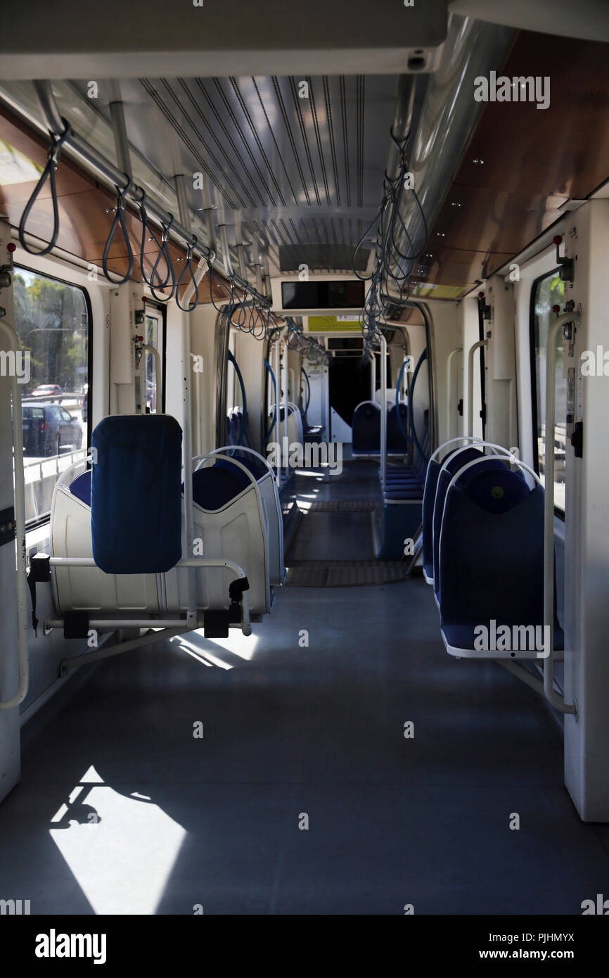 Athen Griechenland Interieur des leeren Straßenbahn Stockfoto