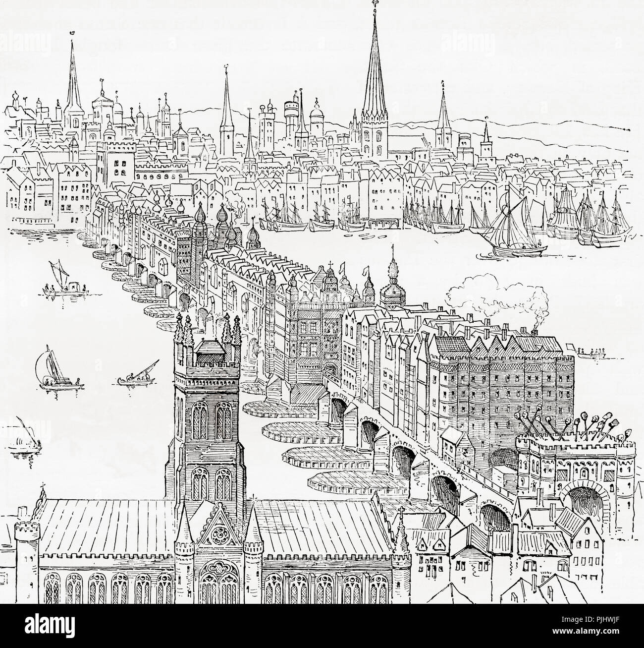 Alte London Bridge, (1209 - 1831) London, England im 19. Jahrhundert. Der stachelwalze Staats ausgeführt Kriminelle können über das Southwark torhaus gesehen werden. Von London Bilder, veröffentlicht 1890. Stockfoto