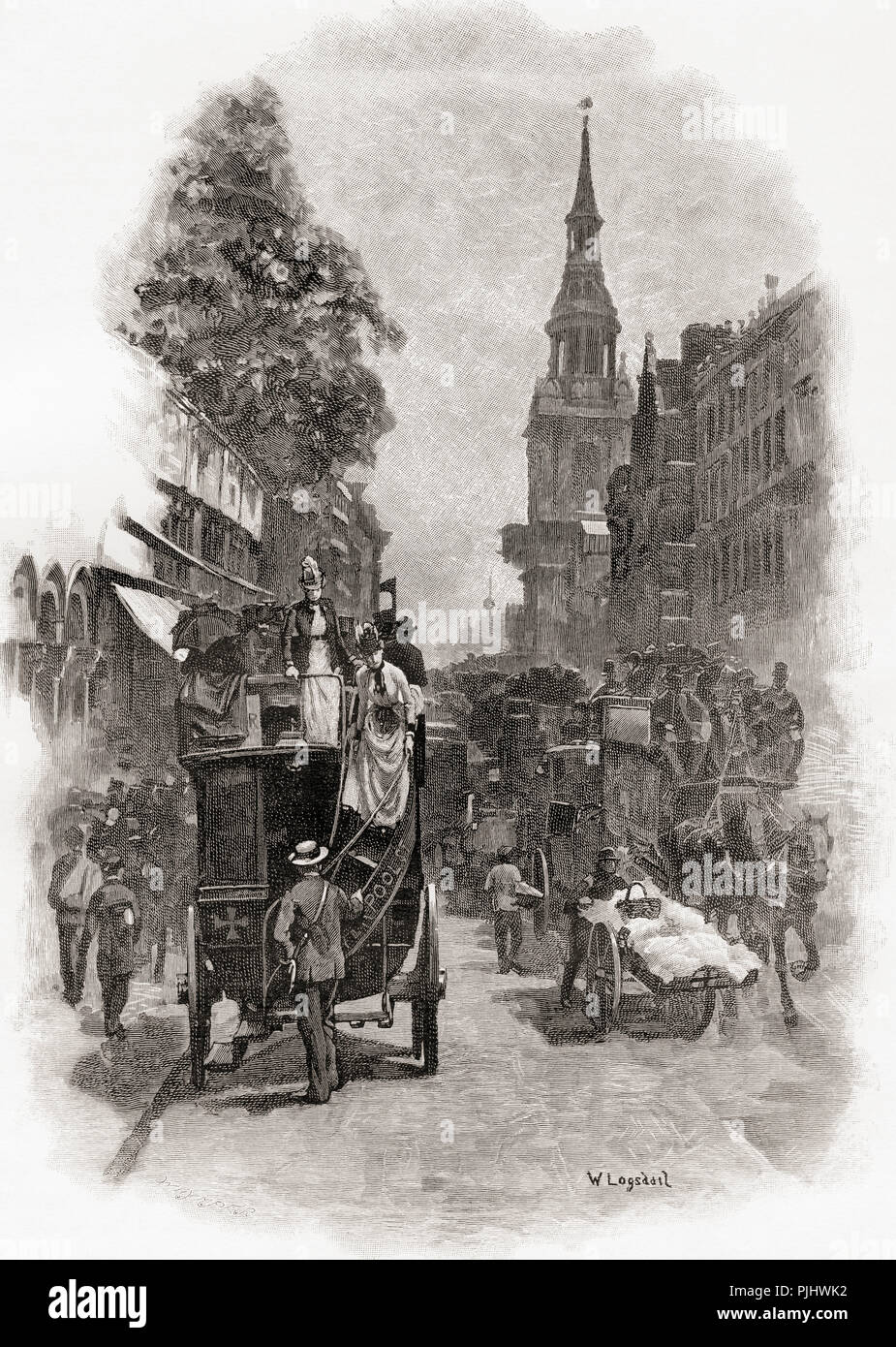Cheapside und St. Mary-le-Bow Kirchturm, London, England im 19. Jahrhundert. Von London Bilder, veröffentlicht 1890. Stockfoto
