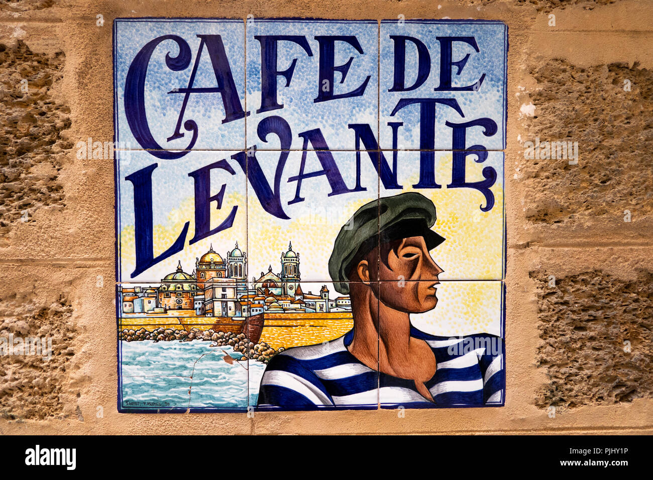 Spanien, Cadiz, Calle San Francisco, Café de Levante, Fliesen- Zeichen Stockfoto