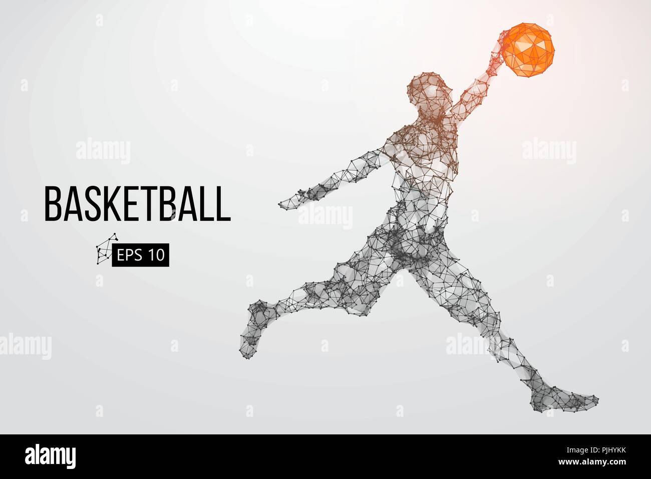 Silhouette eines Basketballspielers. Punkte, Linien, Dreiecke, Farbeffekte und Hintergrund auf einem separaten Layer, Farbe kann mit einem Klick geändert werden. Vecto Stock Vektor