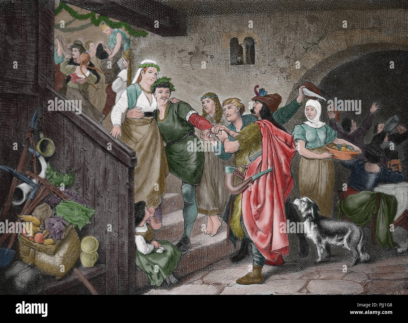 Deutschland. Mittelalter. Bridal Party der Dorfbewohner. Gravur der Germania, 1882. Stockfoto