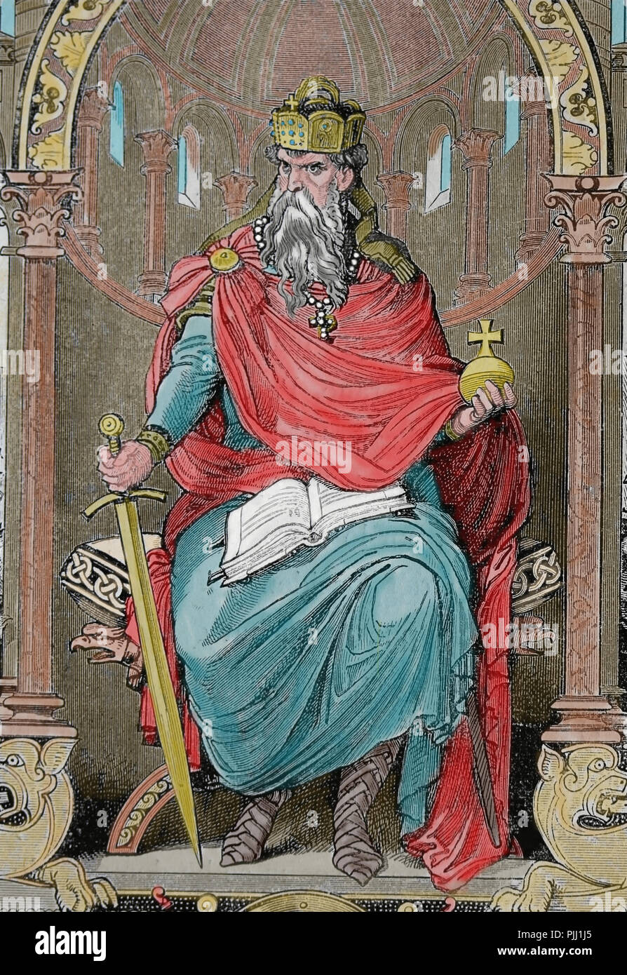 Karl der Große (742-814). König der Franken und Langobarden und Kaiser des Heiligen Römischen Reiches. Deutschland. Gravur bei Germania, 1882. Stockfoto