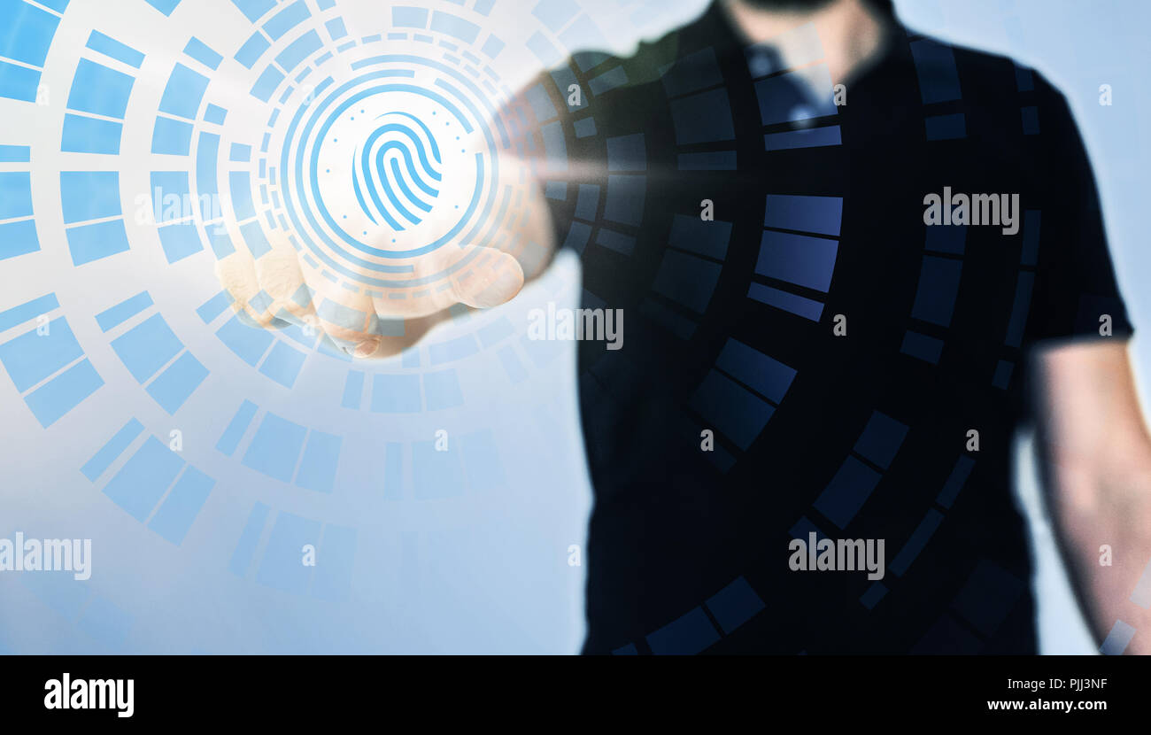 Geschäftsmann berühren durchscheinend Fingerprint Sensor Stockfoto