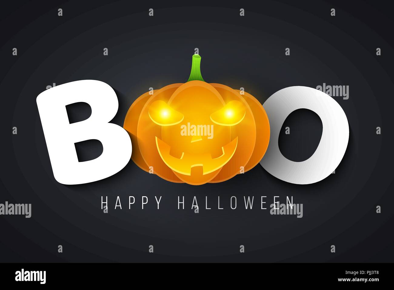 Nachricht für Halloween boo. Festliche Poster. Leuchtend gelbe Augen. Schönen Urlaub. Cartoon Kürbis mit verärgerten Lächeln. Abdeckung für Ihr Design. Vektor illustr Stock Vektor