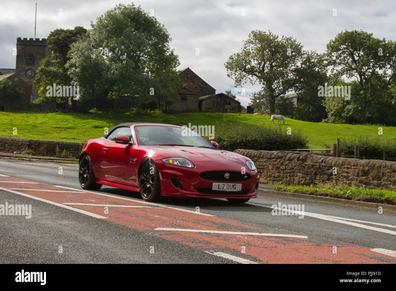 Red Jaguar 2012 XK R Auto Classic, Oldtimer, Veteran, Autos von gestern, restaurierte Sammlerstücke bei der Hoghton Tower Class Cars Rally, Großbritannien Stockfoto