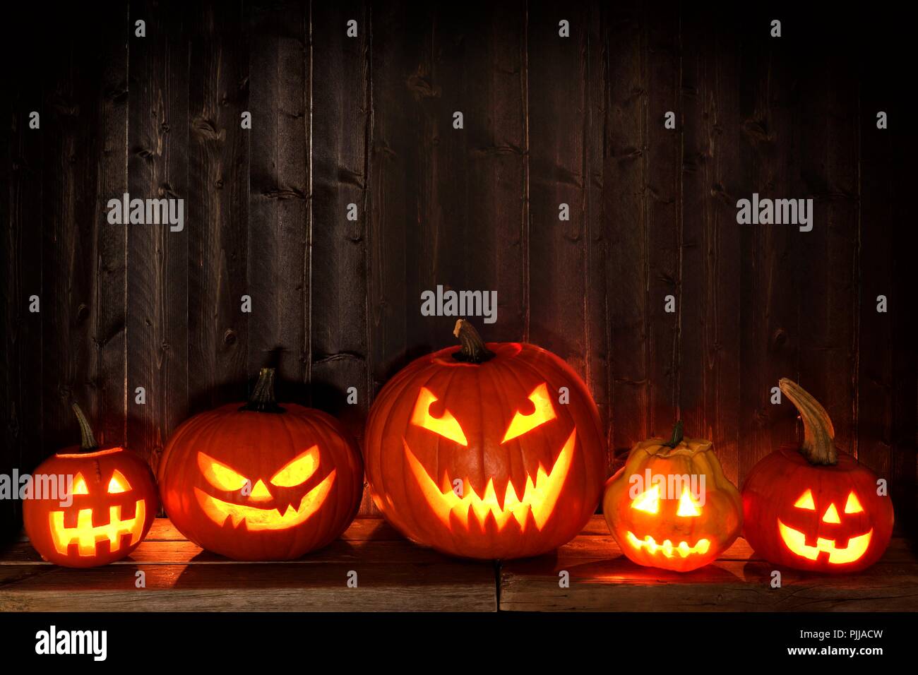 Gruppe von Halloween Jack o Laternen in der Nacht mit einem rustikalen dunklen Hintergrund Stockfoto