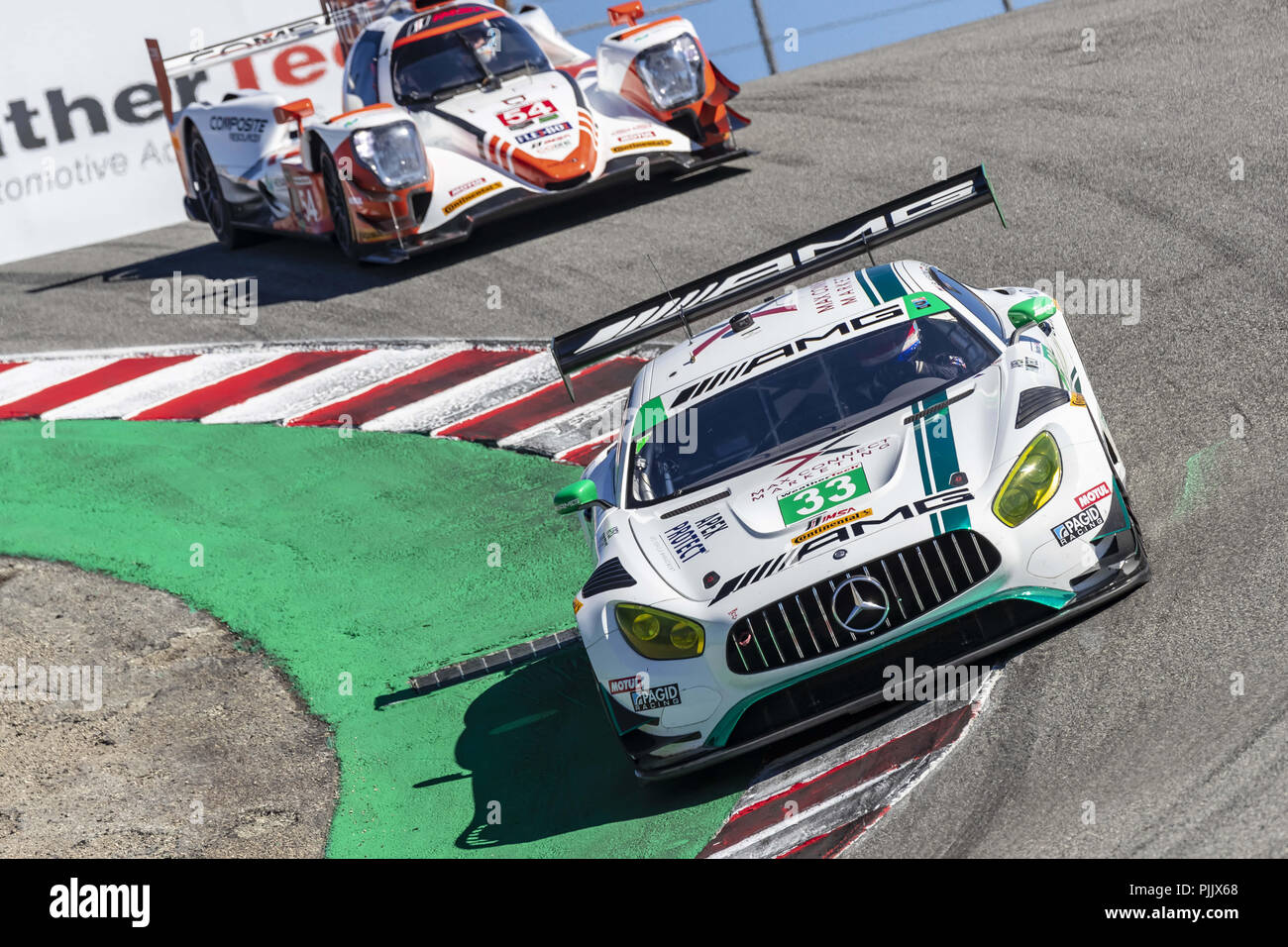 Salinas, Kalifornien, USA. 7. Sep 2018. Die Mercedes-AMG Team Riley Motorsport Mercedes-AMG GT3 Auto Praxis für den America's Reifen 250 an WeatherTech Raceway Laguna Seca in Salinas, Kalifornien. Quelle: Walter G Arce Sr Asp Inc/ASP/ZUMA Draht/Alamy leben Nachrichten Stockfoto