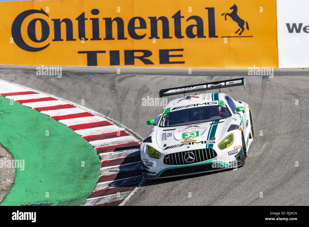 Salinas, Kalifornien, USA. 7. Sep 2018. Die Mercedes-AMG Team Riley Motorsport Mercedes-AMG GT3 Auto Praxis für den America's Reifen 250 an WeatherTech Raceway Laguna Seca in Salinas, Kalifornien. Quelle: Walter G Arce Sr Asp Inc/ASP/ZUMA Draht/Alamy leben Nachrichten Stockfoto