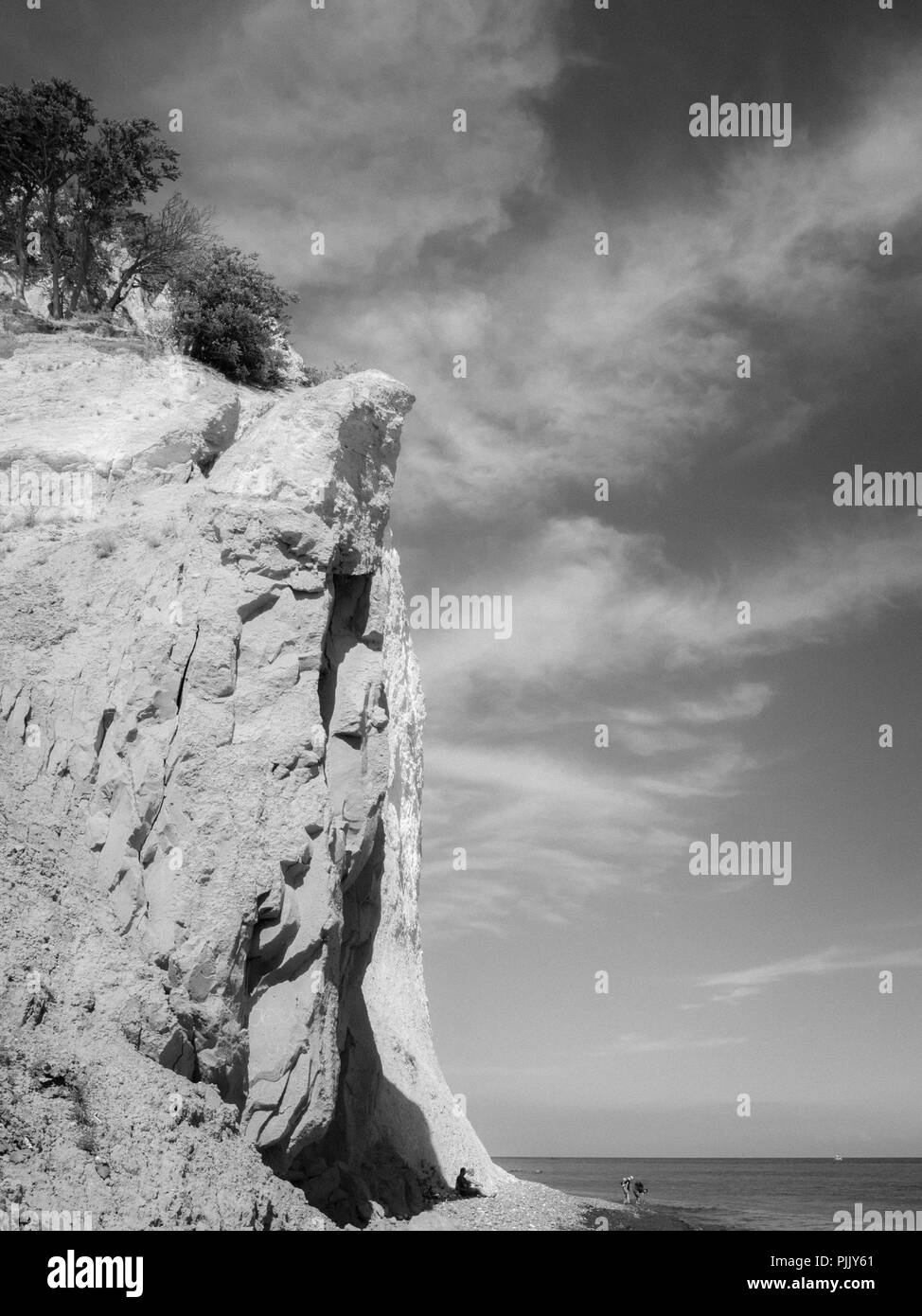 B&W Landscape, Møns Klint, Famous Chalk Cliffs, Island of Mons, Dänemark, Europa. Stockfoto