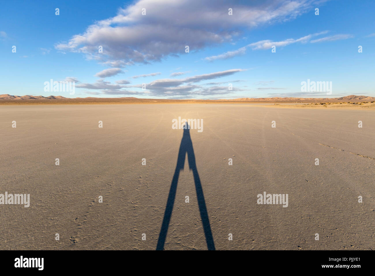 El Mirage trockenen See Bett mit langen Schatten in der kalifornischen Mojave-Wüste. Stockfoto