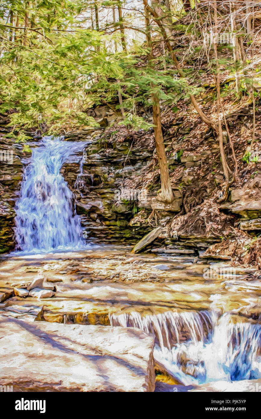 Digitale Öl Malerei - Wasserfälle in Wäldern in einem Stream. Stockfoto