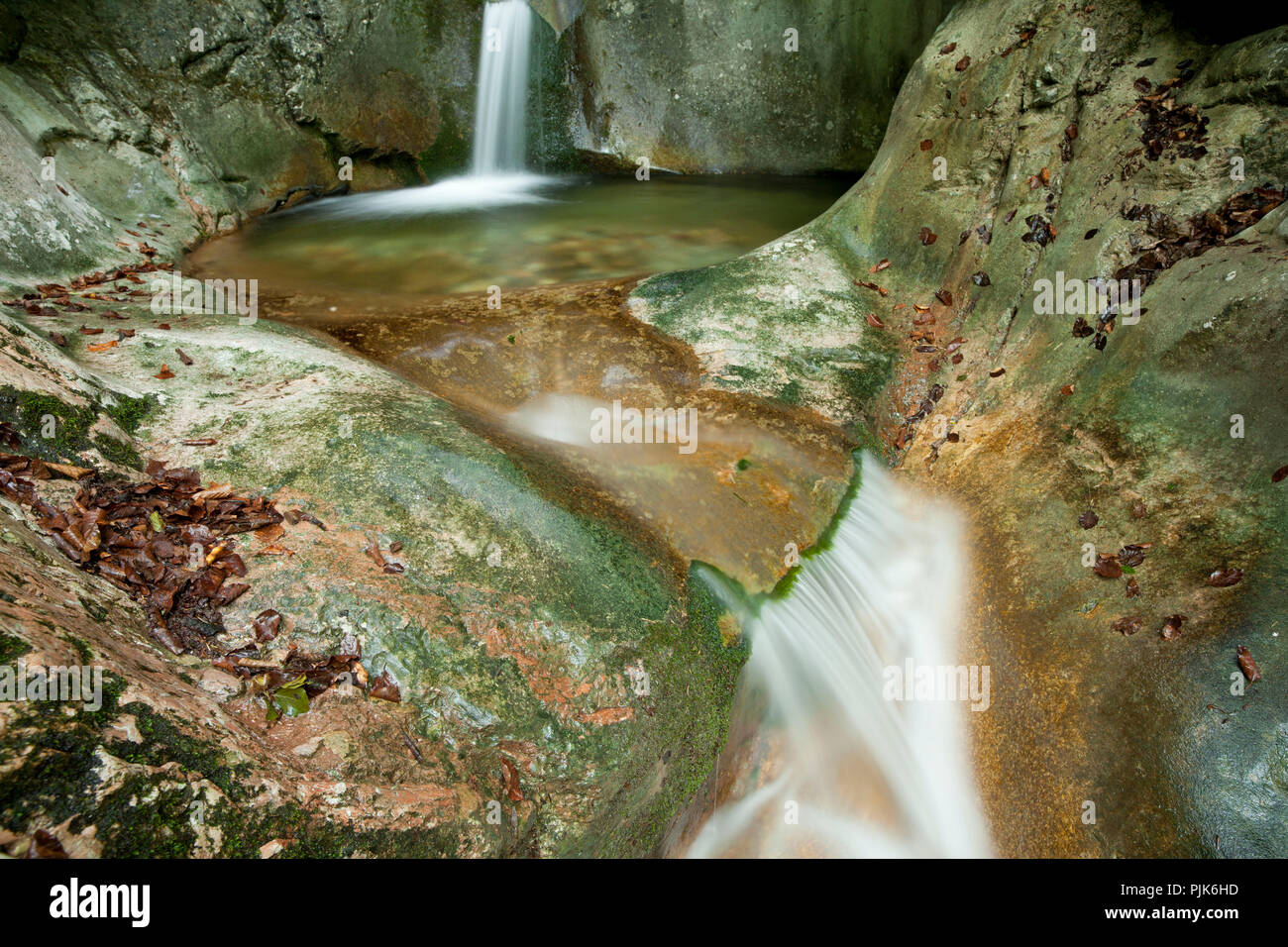 Wasserfall im Bodinggraben, Nationalpark Kalkalpen, Oberösterreich, Österreich. Stockfoto