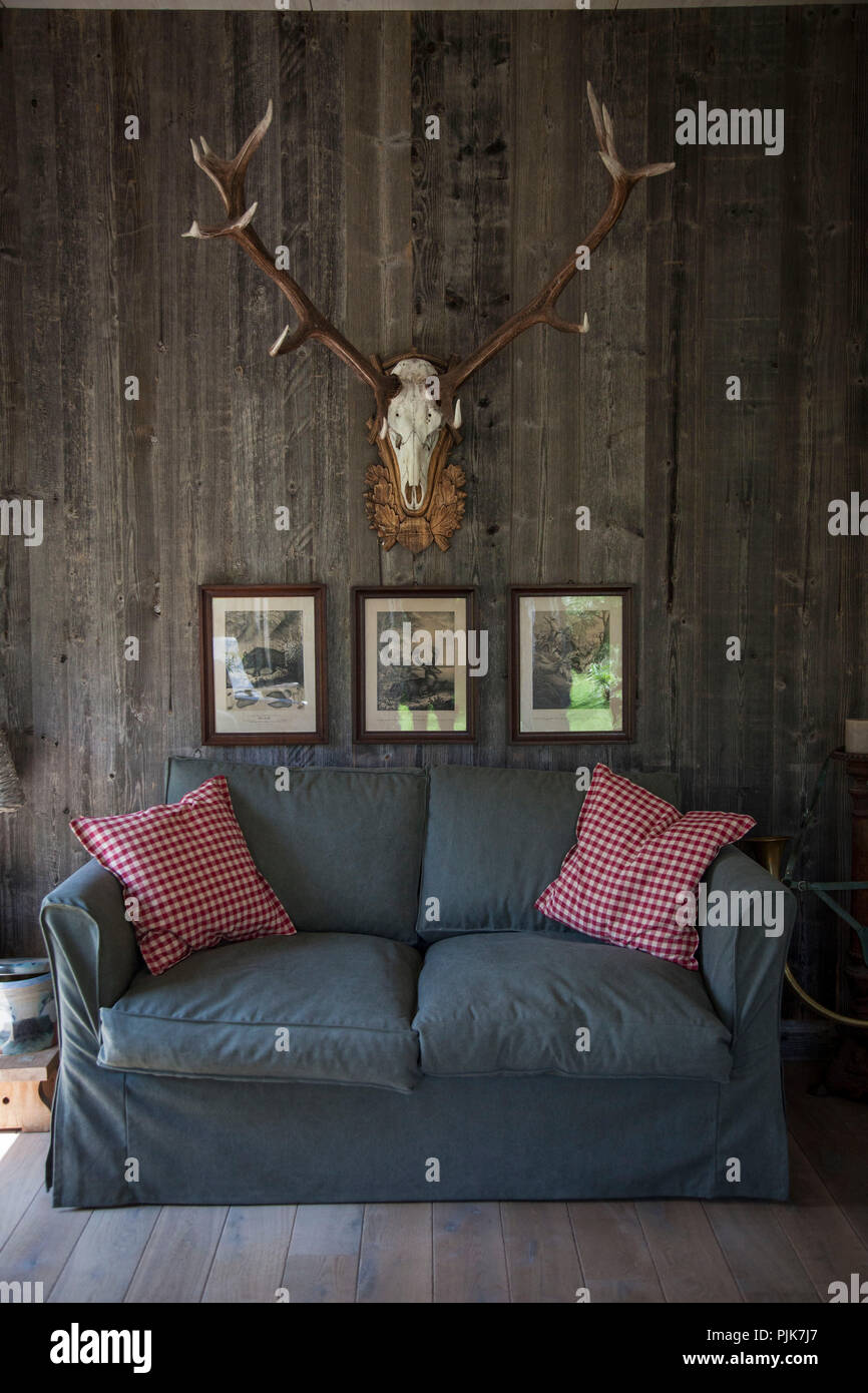 Wohnzimmer mit Jagdtrophäen, Detail Stockfoto