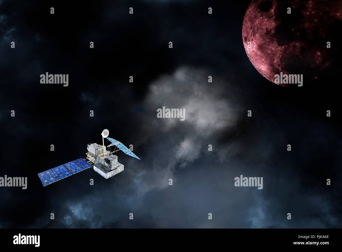 Satelliten umkreisen einen roten Planeten, zusammengesetzte Bild. Stockfoto