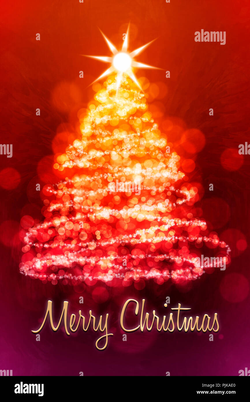 Eine Weihnachtskarte mit einem Tannenbaum und den Worten "Frohe Weihnachten!" Stockfoto