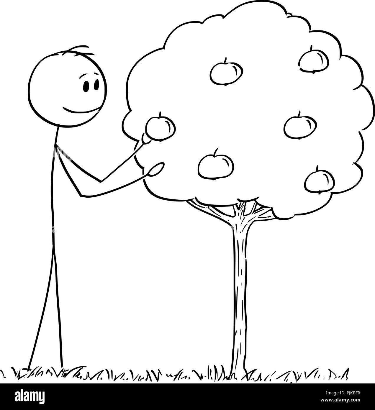 Cartoon von Mann Kommissionierung Obst von kleinen Apfelbaum Stock Vektor