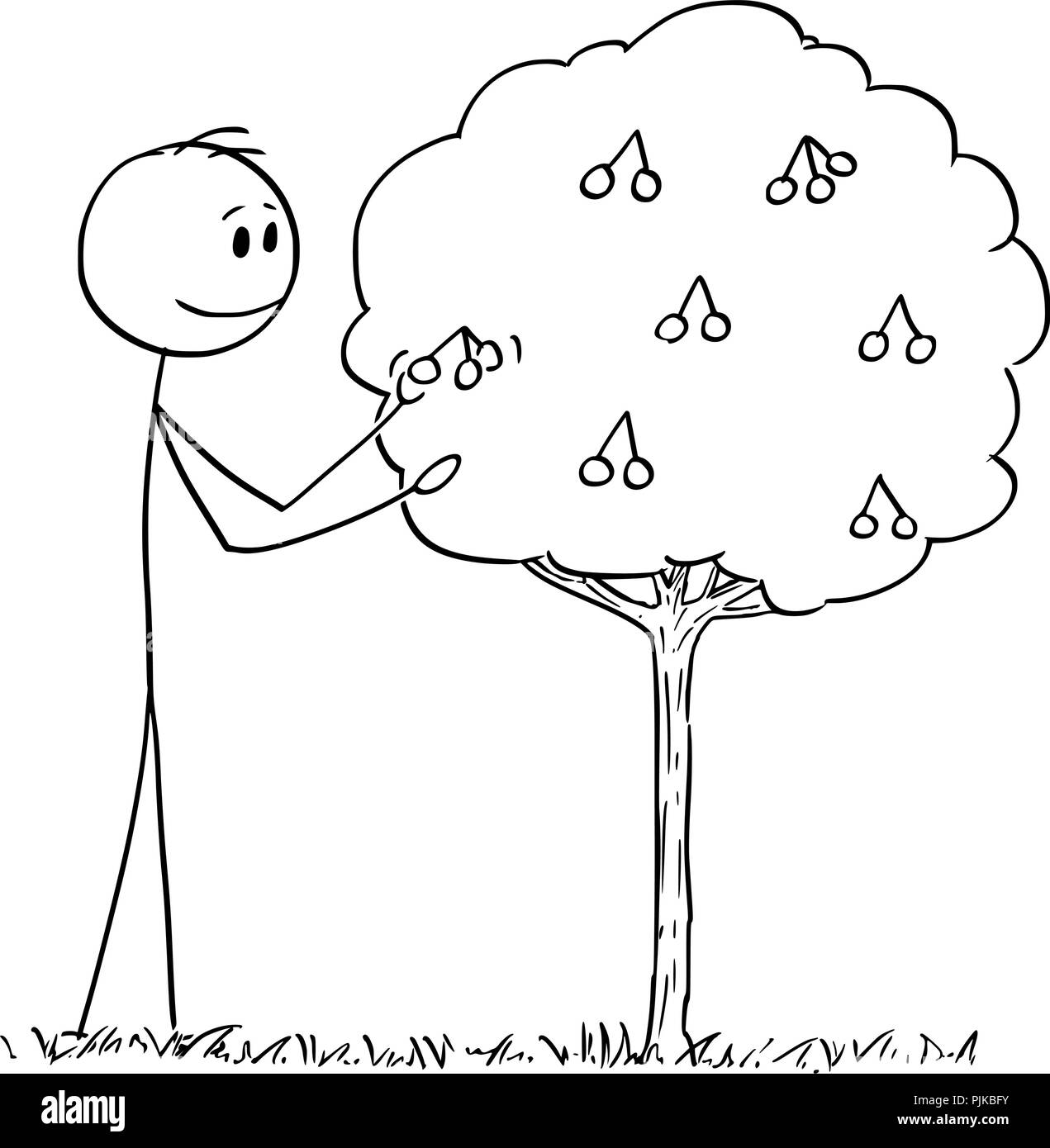 Cartoon von Mann Kommissionierung Obst von kleinen Sour Cherry Tree Stock Vektor