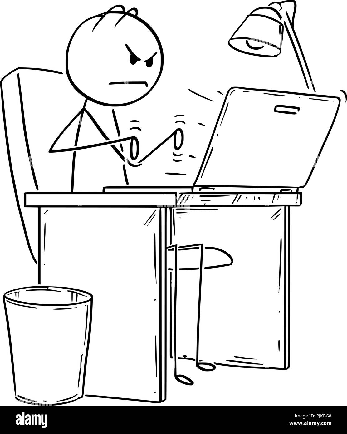 Cartoon von wütenden Mann oder Geschäftsmanns, der oder die Eingabe auf dem Laptop oder Notebook. Stock Vektor