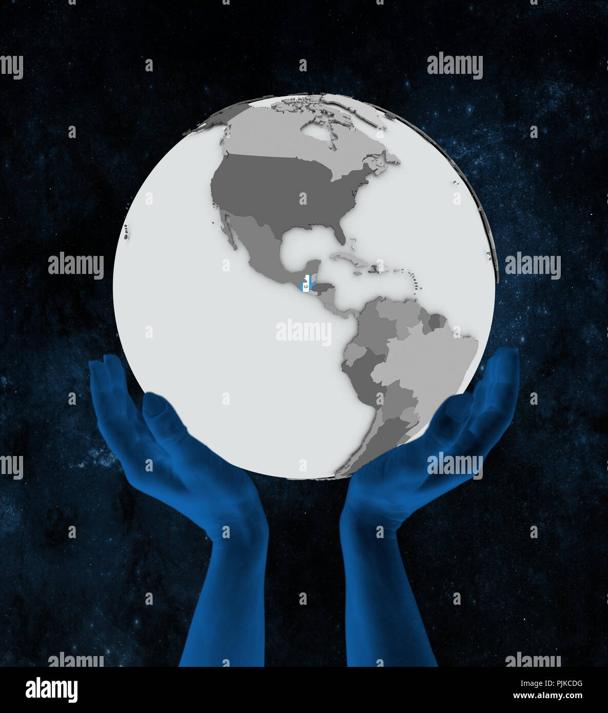Guatemala, mit Flag auf der Kugel in der Hand im Raum. 3D-Darstellung. Stockfoto