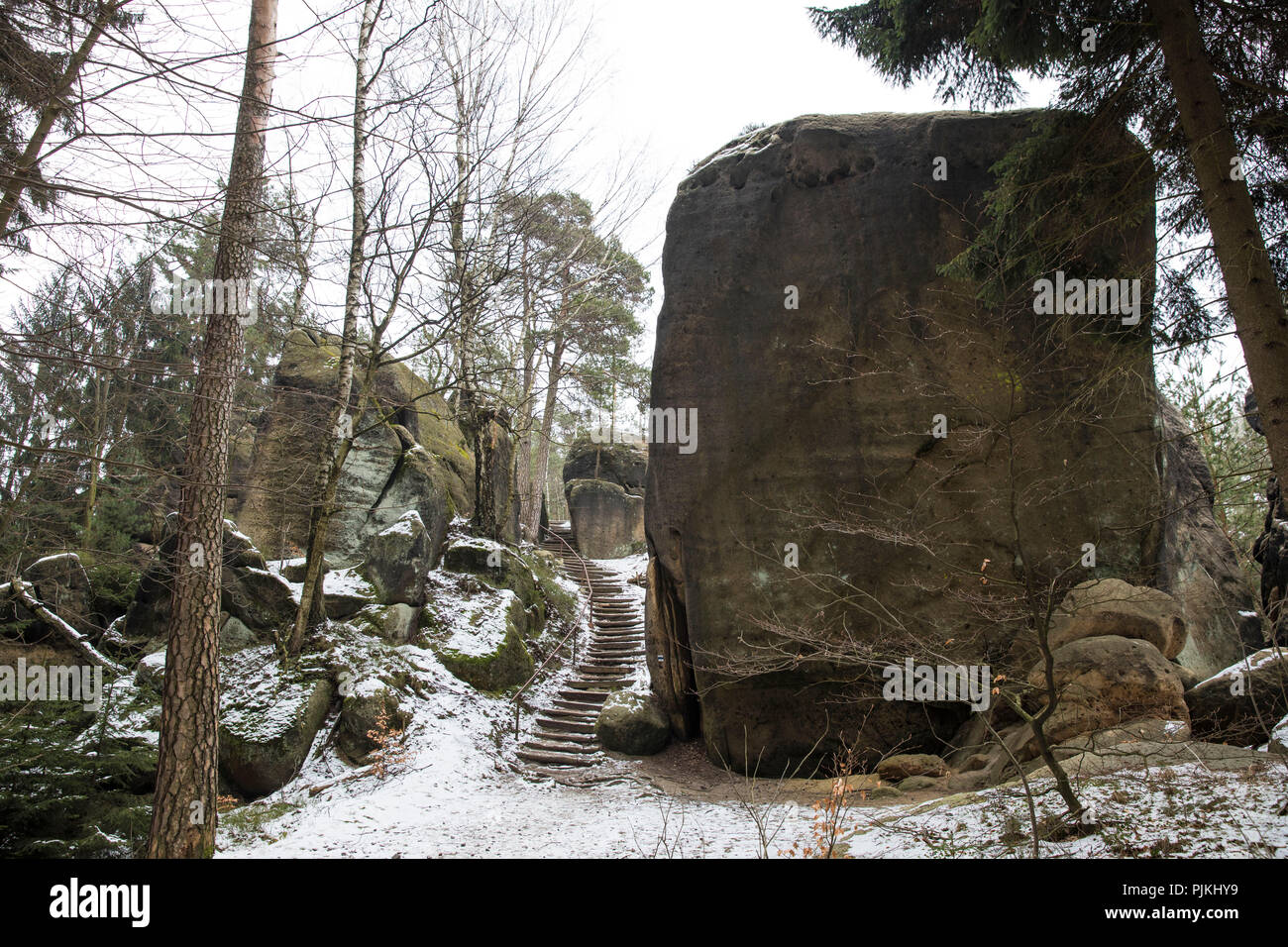 Deutschland, Sachsen, Oberlausitz, Zittauer Gebirge, Trail in Sandsteinfelsen Stockfoto